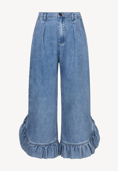 Jeansowe spodnie z szerokimi nogawkami i falbaną NELLA