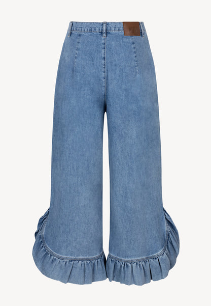 Jeansowe spodnie z szerokimi nogawkami i falbaną NELLA