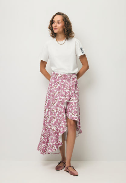 Asymetryczna spódnica jeansowa w różowe kwiaty NIIAM