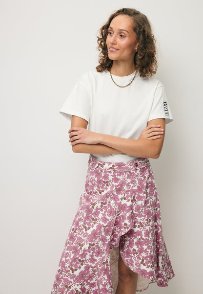 Asymetryczna spódnica jeansowa w różowe kwiaty NIIAM