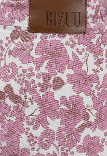 Asymetryczna spódnica jeansowa w różowe kwiaty NIIAM