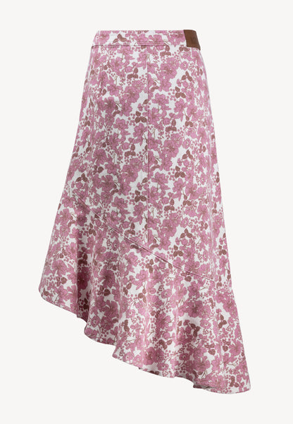 Asymetryczna spódnica jeansowa w różowe kwiaty NIIAM