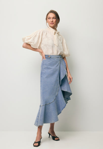Niebieska jeansowa spódnica z falbaną NIIA