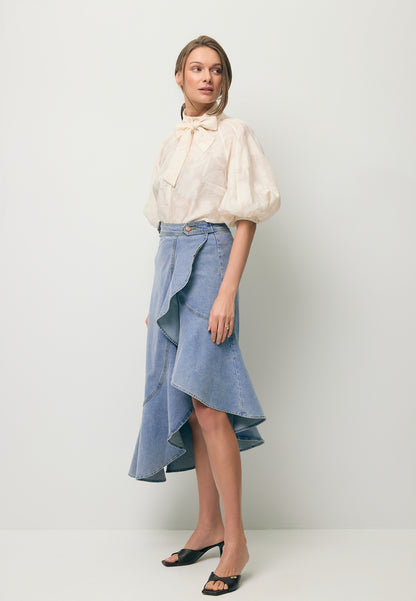 Niebieska jeansowa spódnica z falbaną NIIA