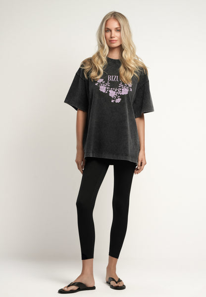 Grafitowy t-shirt PAPLYS z kwiatowym nadrukiem