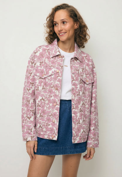 Jeansowa kurtka w różowe kwiaty PRINSA