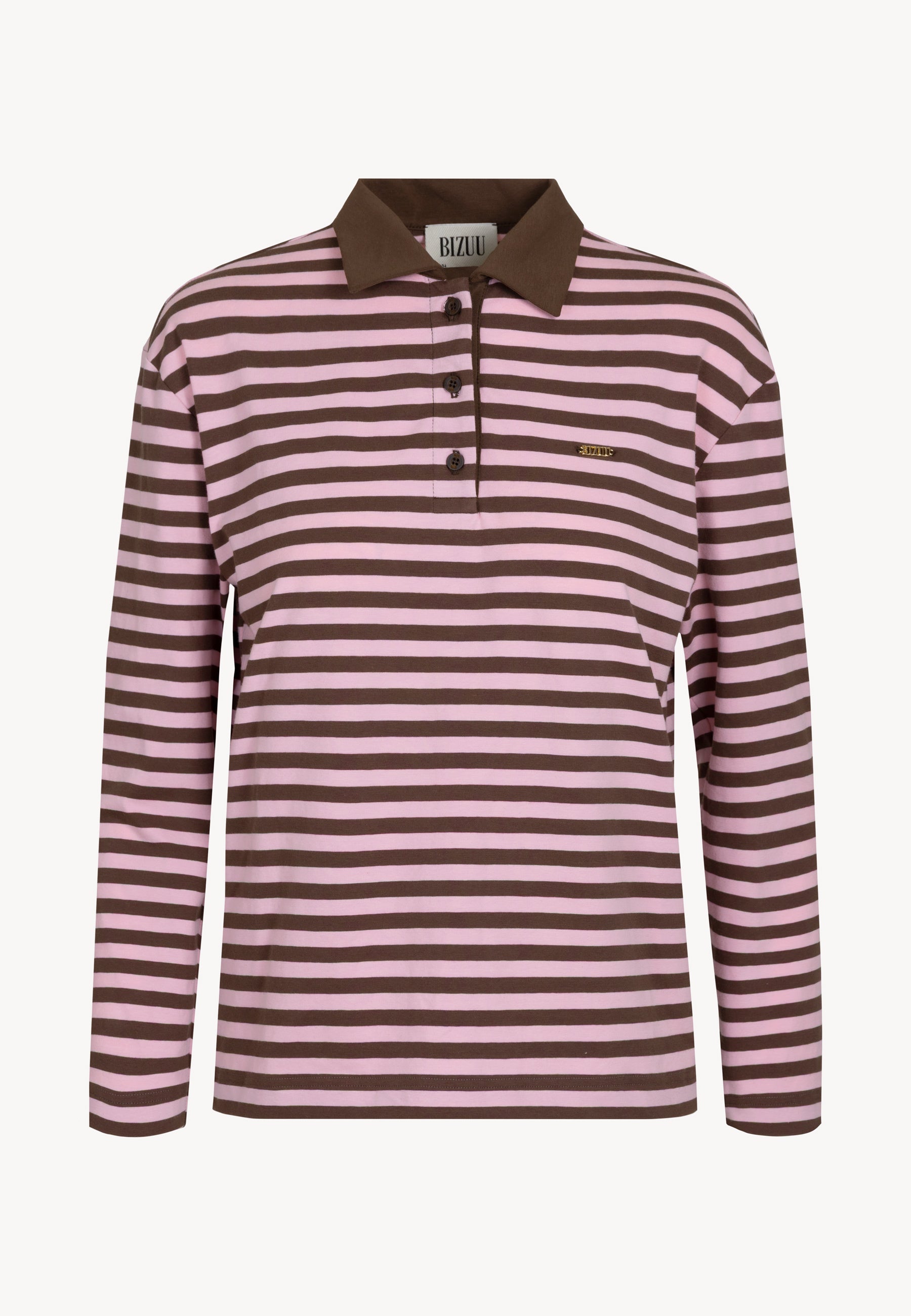 Bluza polo RAYA w brązowo-różowe paski i logo na przodzie.