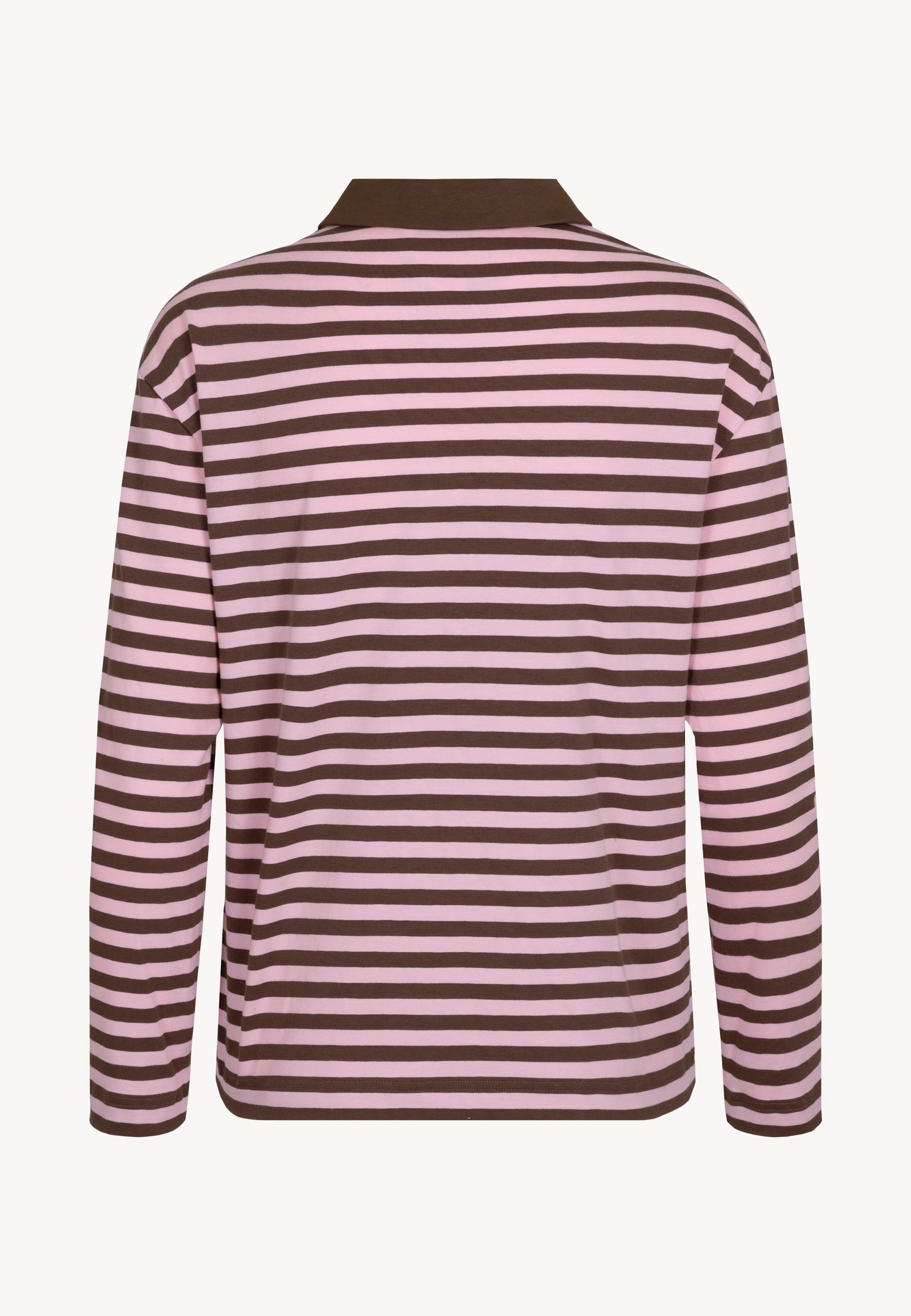 Tył bluzy polo RAYA w brązowo-różowe paski.