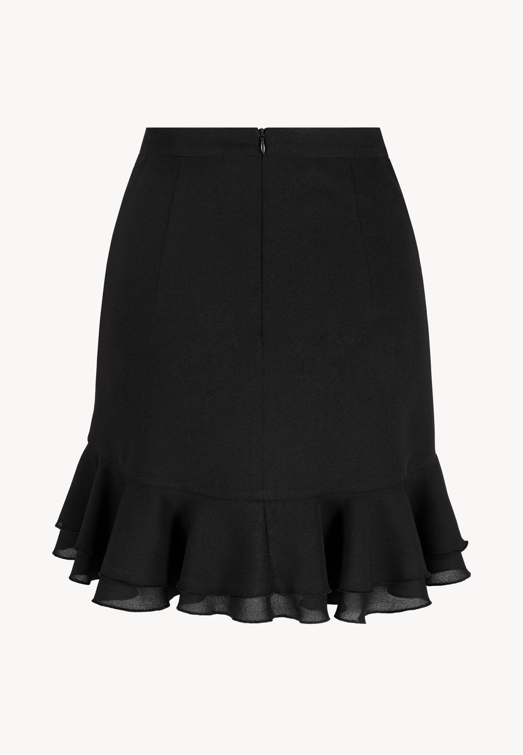 Tył czarnej spódniczki mini z ozdobną falbaną ROSALIAN.