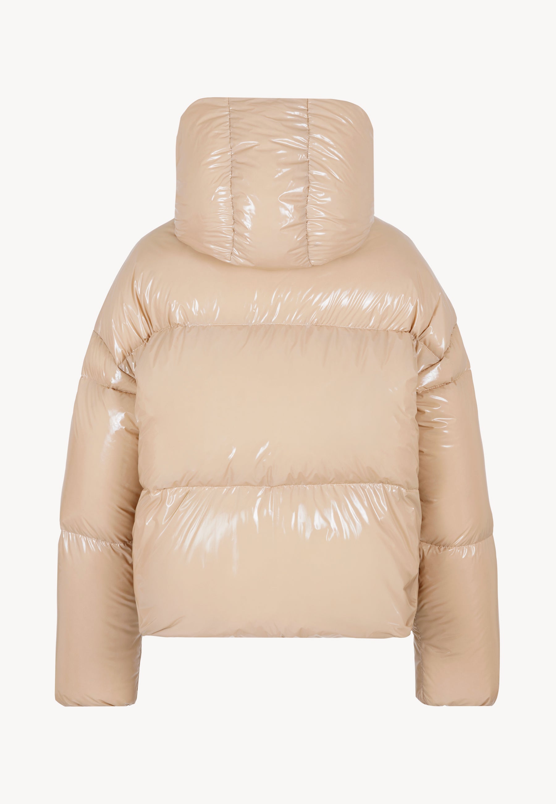 Tył puchowej kurtki w kolorze beżowym SANYA z kapturem.
