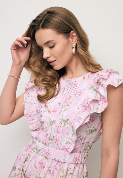 Różowa sukienka midi w autorski print SOLJA