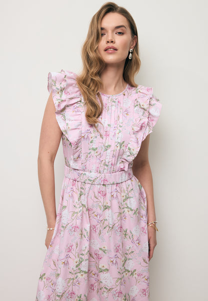 Różowa sukienka midi w autorski print SOLJA