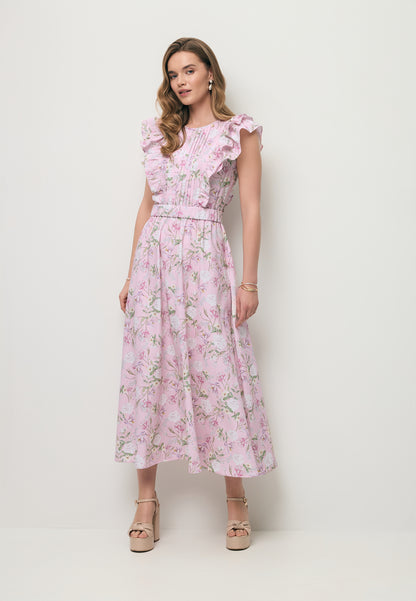 Różowa sukienka midi w autorski print SOLJA