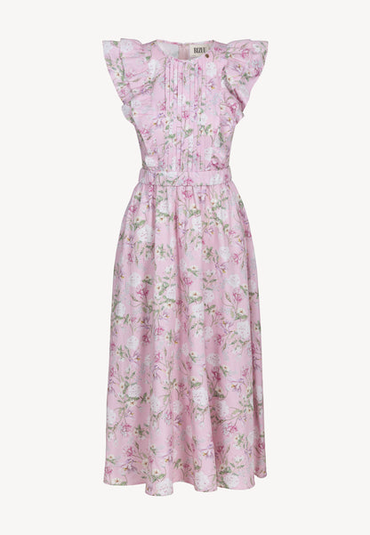 Różowa sukienka midi w autorski print SOLJA