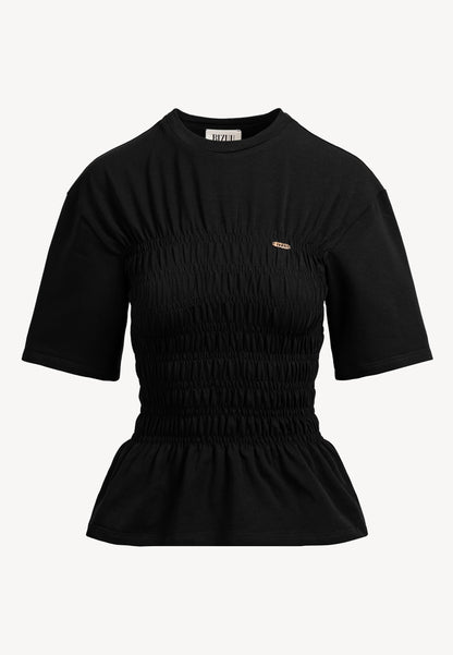 Czarny T-shirt z ozdobnymi marszczeniami SORIA