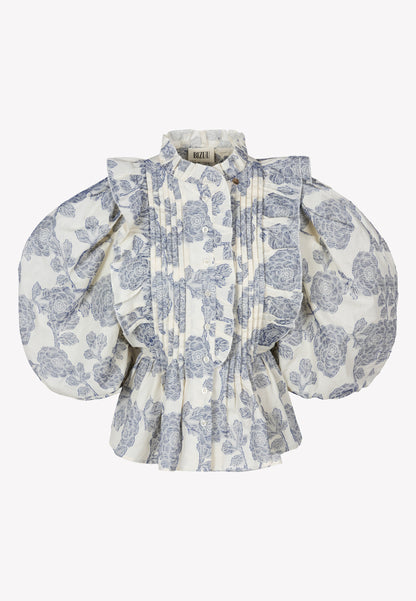 Kremowa bluzka w kwiatowy wzór z falbanami ULLA