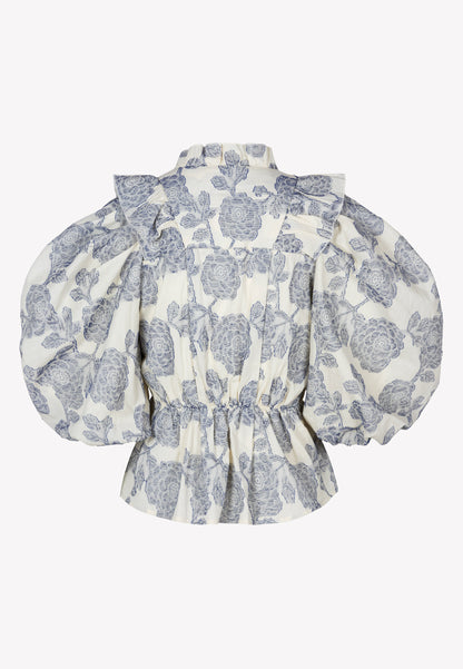 Kremowa bluzka w kwiatowy wzór z falbanami ULLA