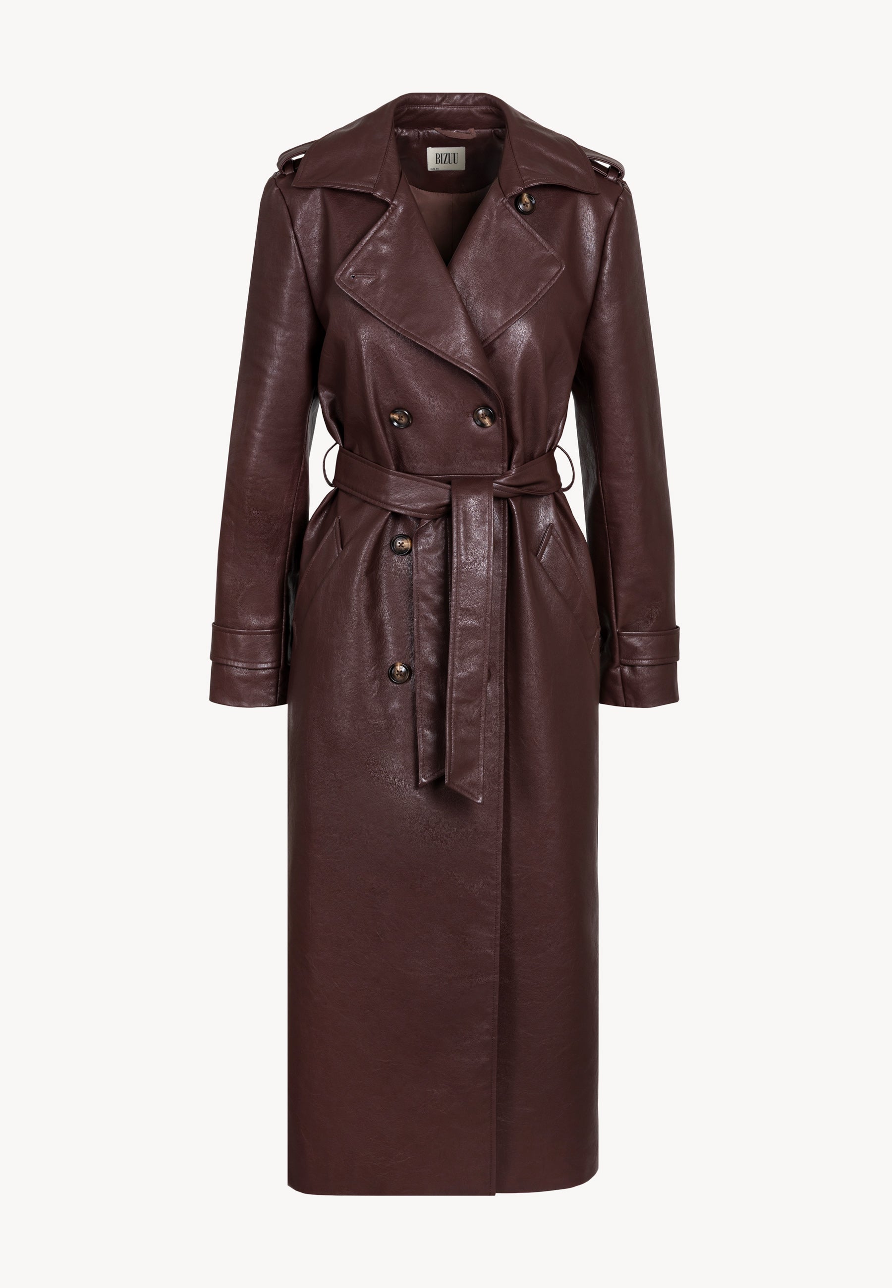 Brązowy płaszcz typu trencz z ekoskóry VENEKIA – Bizuu