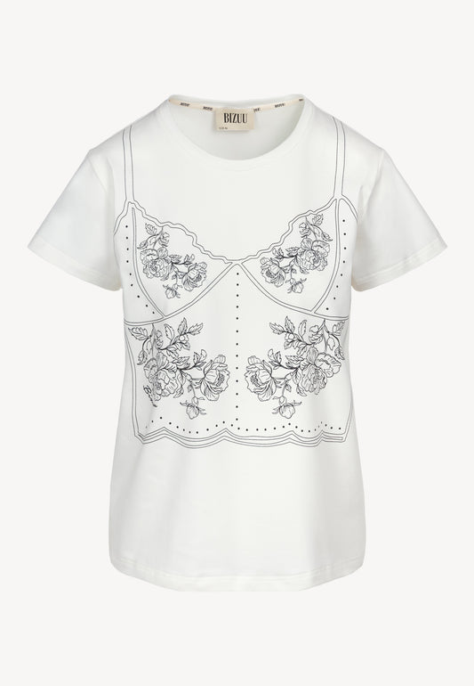 Kremowy T-shirt z rysunkiem koronkowego topu BROOKE