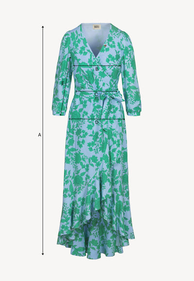 Niebieska sukienka wiązana w pasie z falbanami HUELVA