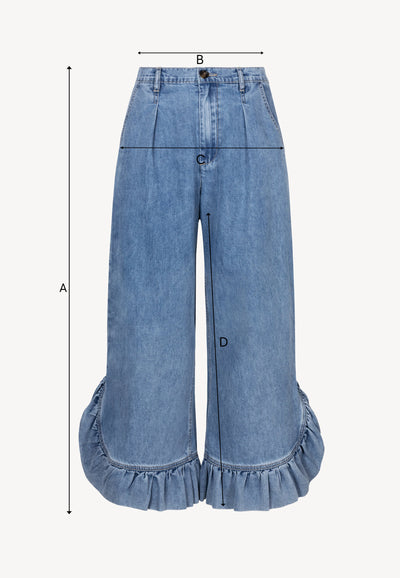 Jeansowe spodnie z szerokimi nogawkami i falbaną NELLA