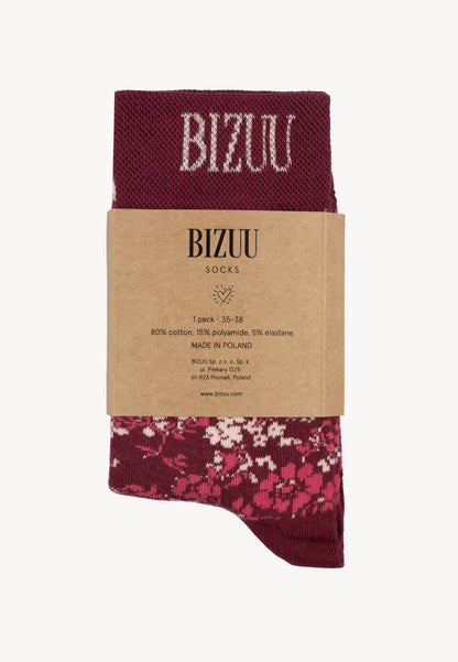 Skarpetki damskie w kwiaty ze ściągaczem SERAFIL bordowe