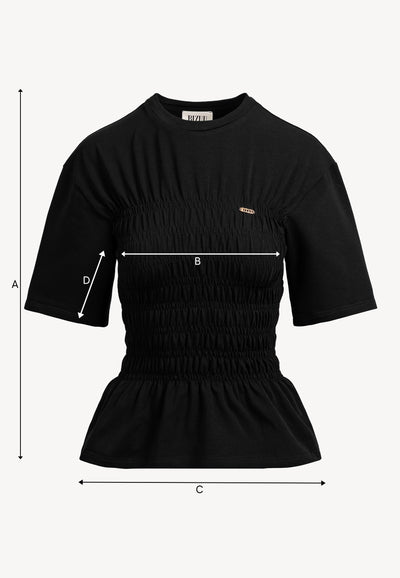 Czarny T-shirt z ozdobnymi marszczeniami SORIA